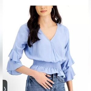 Just Polly Women's Juniors' Smocked-Waist V-Neck Top Shirt Blue Small S